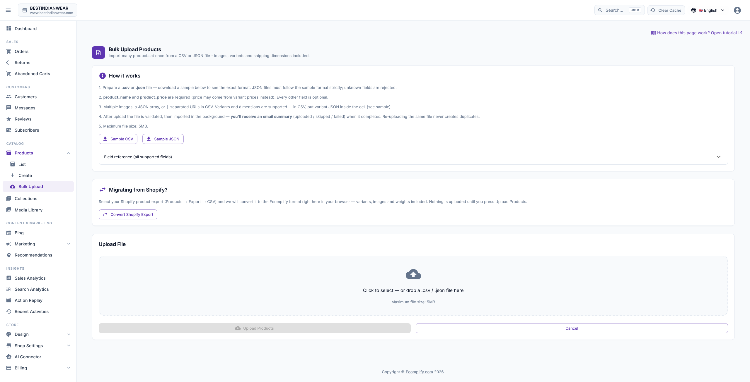 Bulk Upload - Ecomplify dashboard
