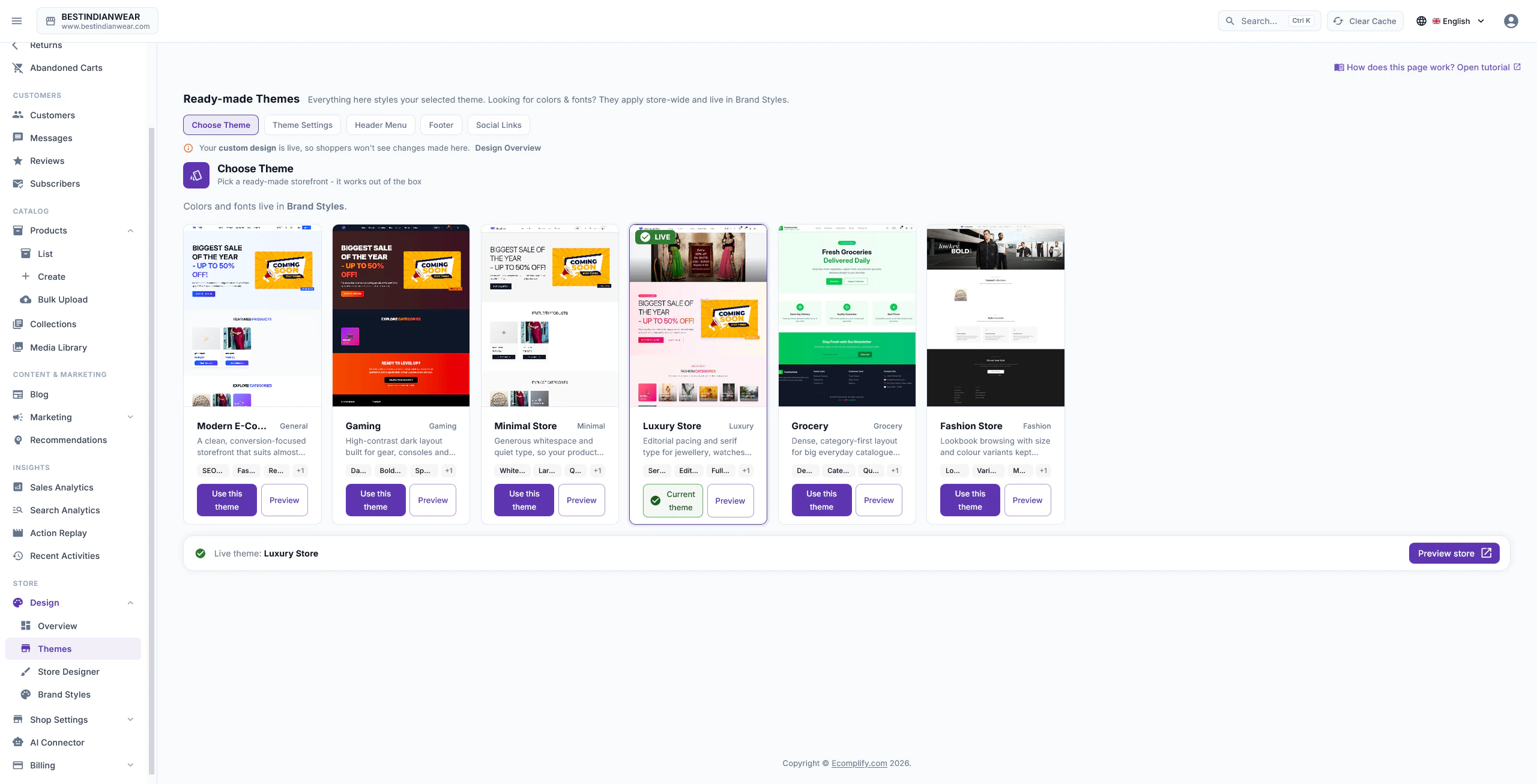 Prebuilt Theme Templates - Ecomplify dashboard