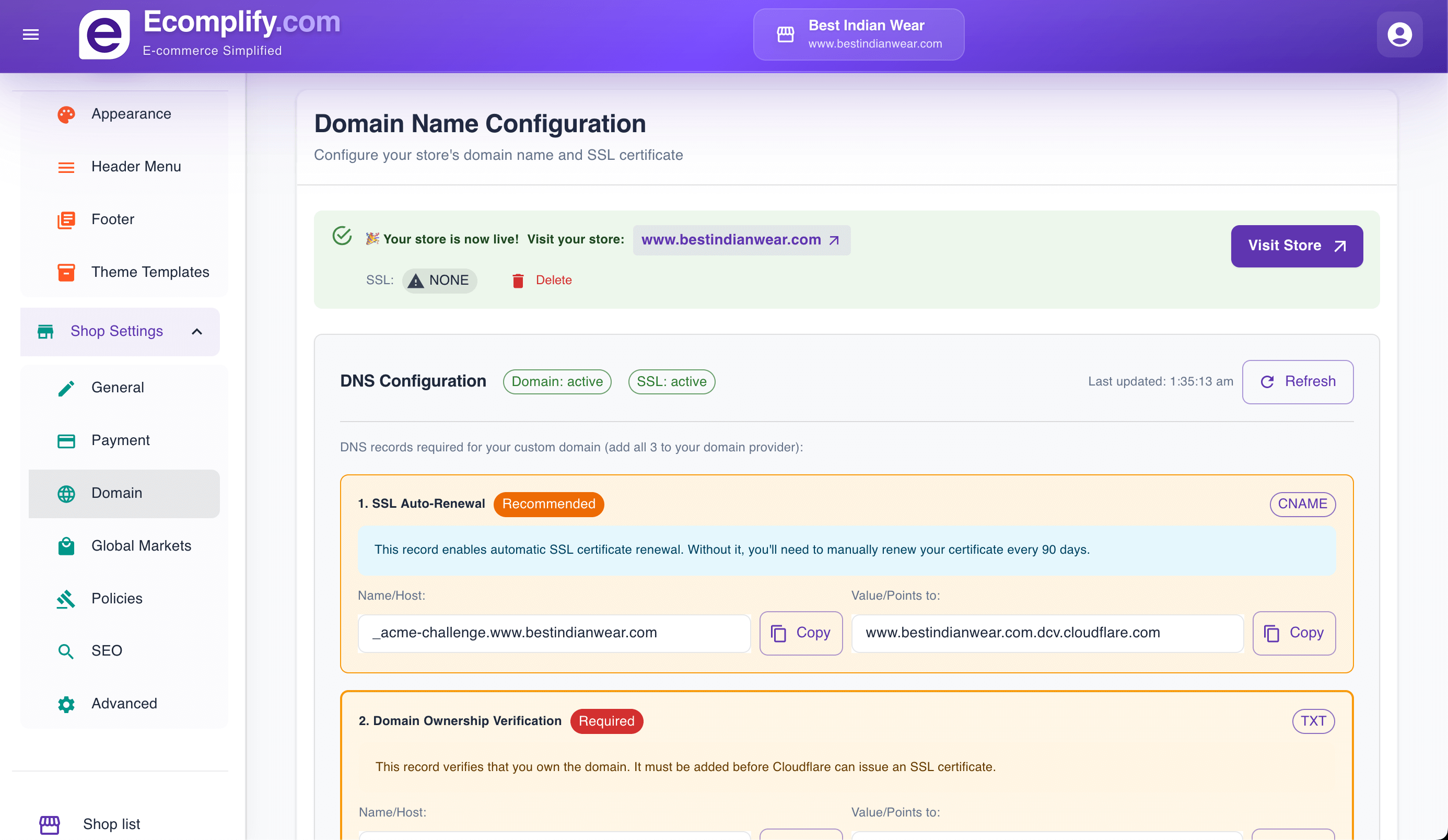 Domain & SSL Management Screenshot
