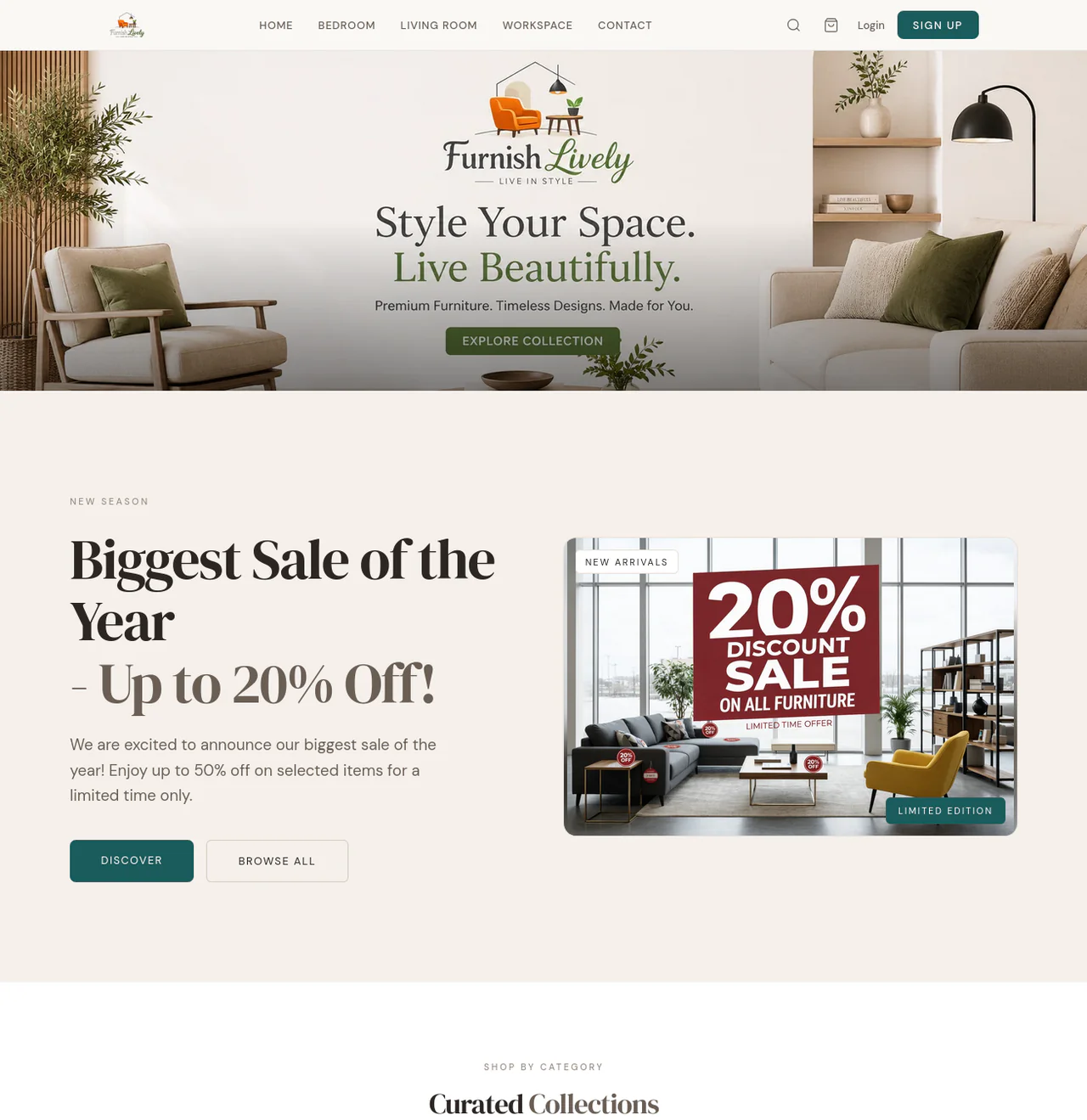 FurnishLively - Home & Furniture storefront homepage, a live demo store built on Ecomplify
