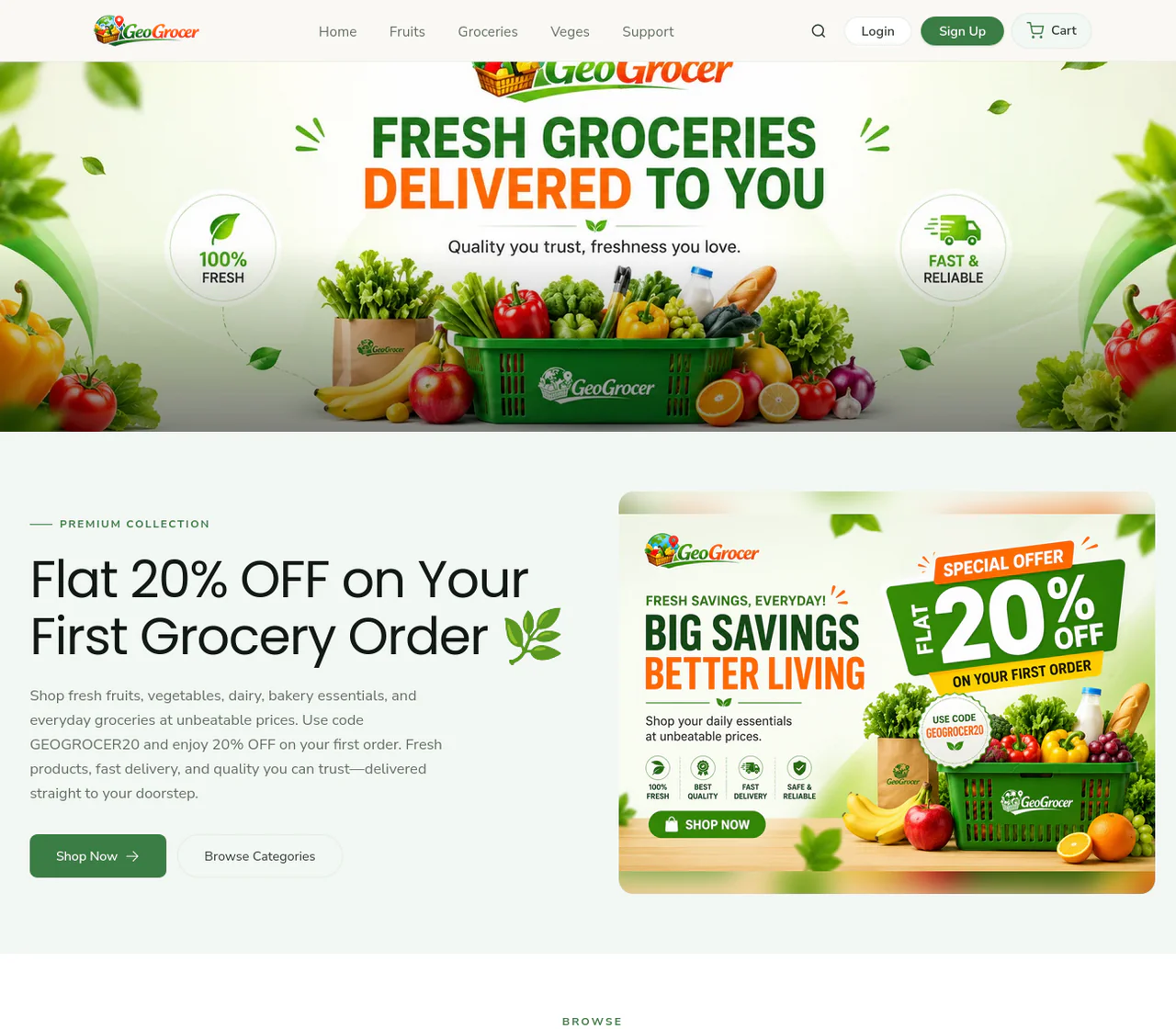 GeoGrocer - Grocery & Fresh Food storefront homepage, a live demo store built on Ecomplify