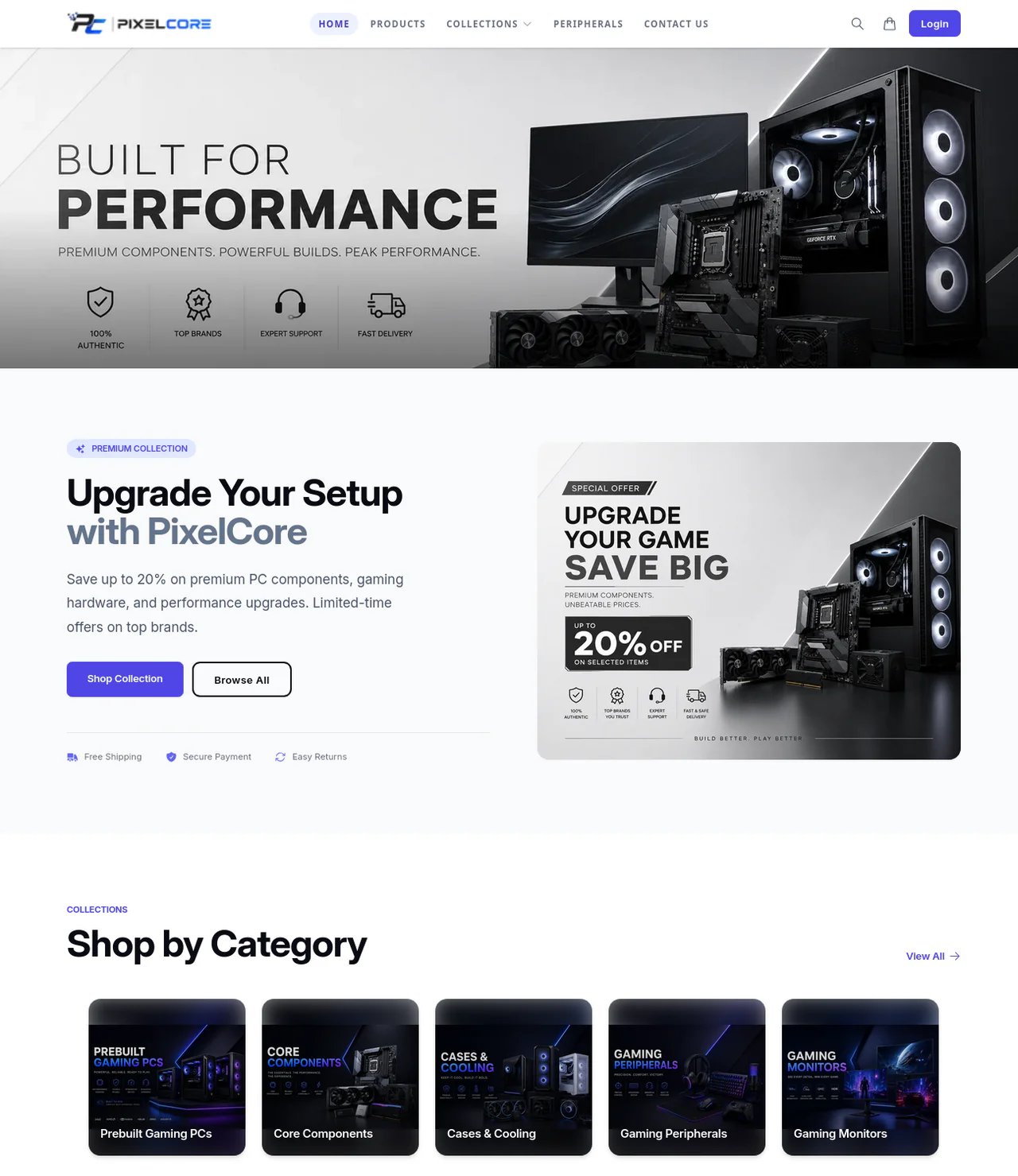 PixelCore - Gaming PCs & Components storefront homepage, a live demo store built on Ecomplify