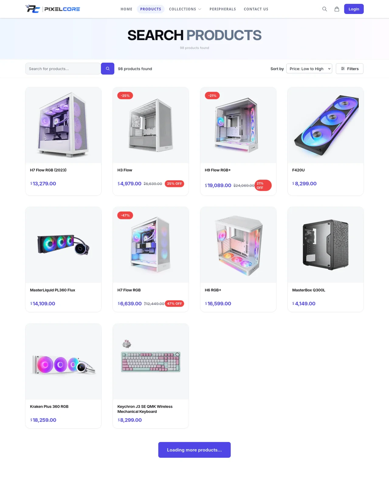 PixelCore product search page - live Ecomplify demo store